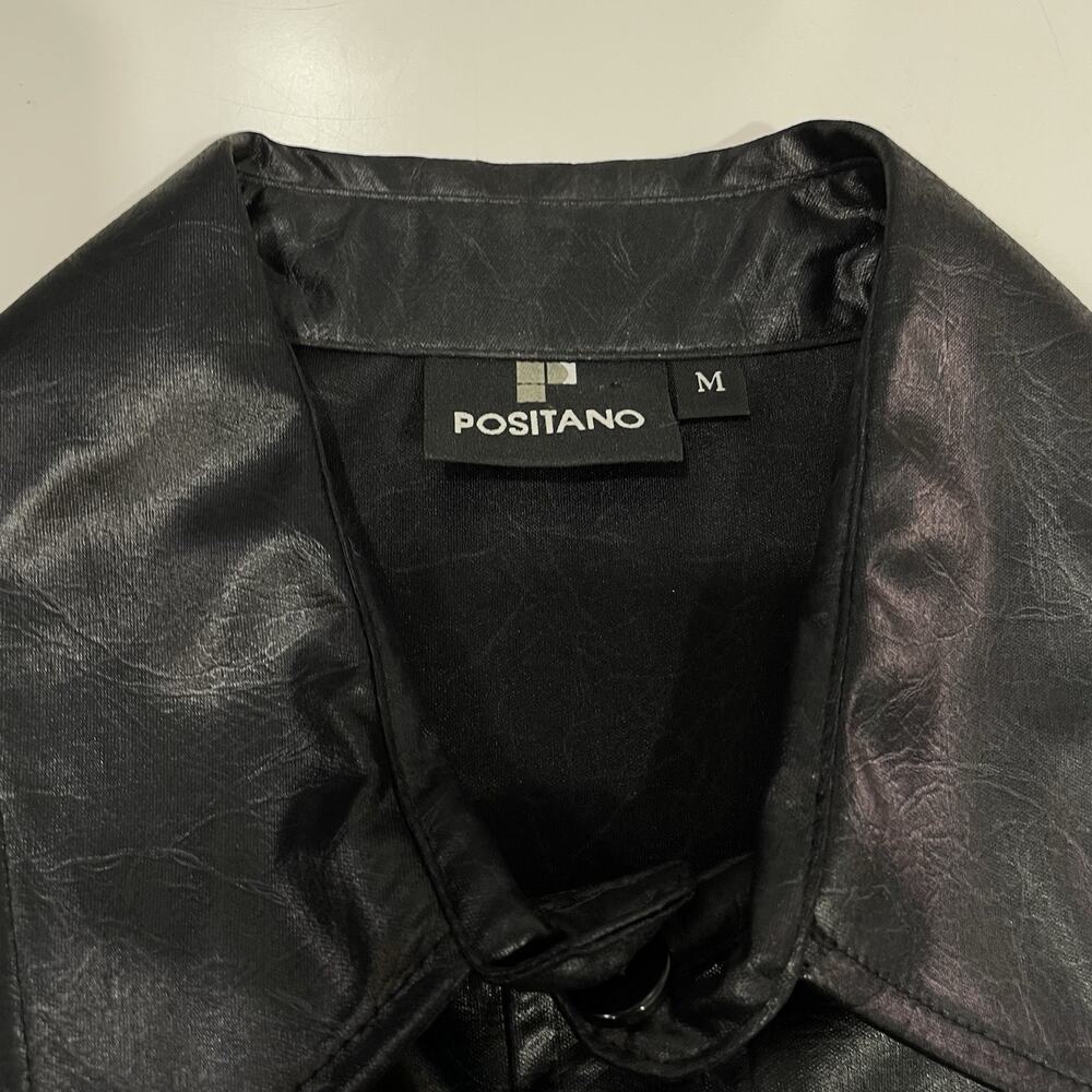 VTG POSITANO Black Belted Button Front Shirt Men’s Medium Club Rave Disco Lounge
